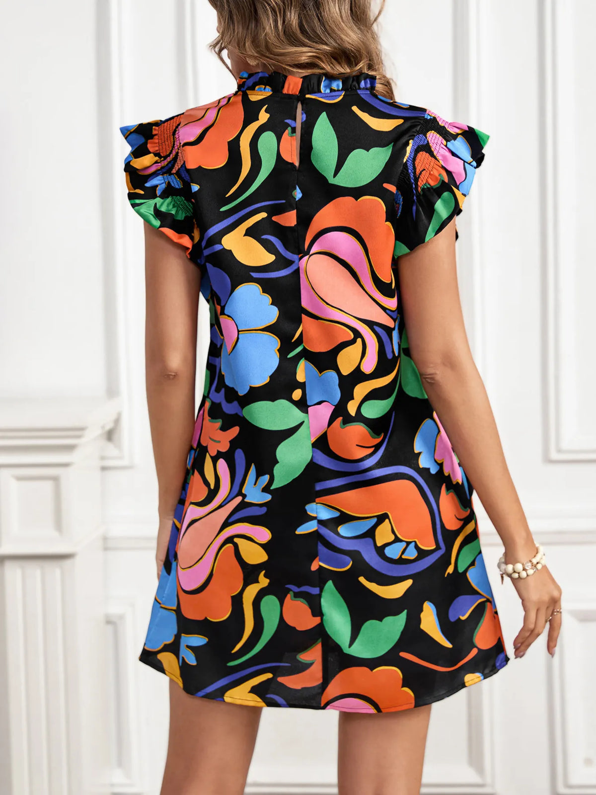 Printed Ruffle-Sleeve Mini Dress in Black