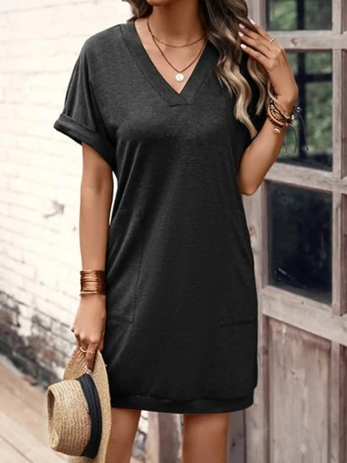V-Neck Short Sleeve Mini Tee Dress