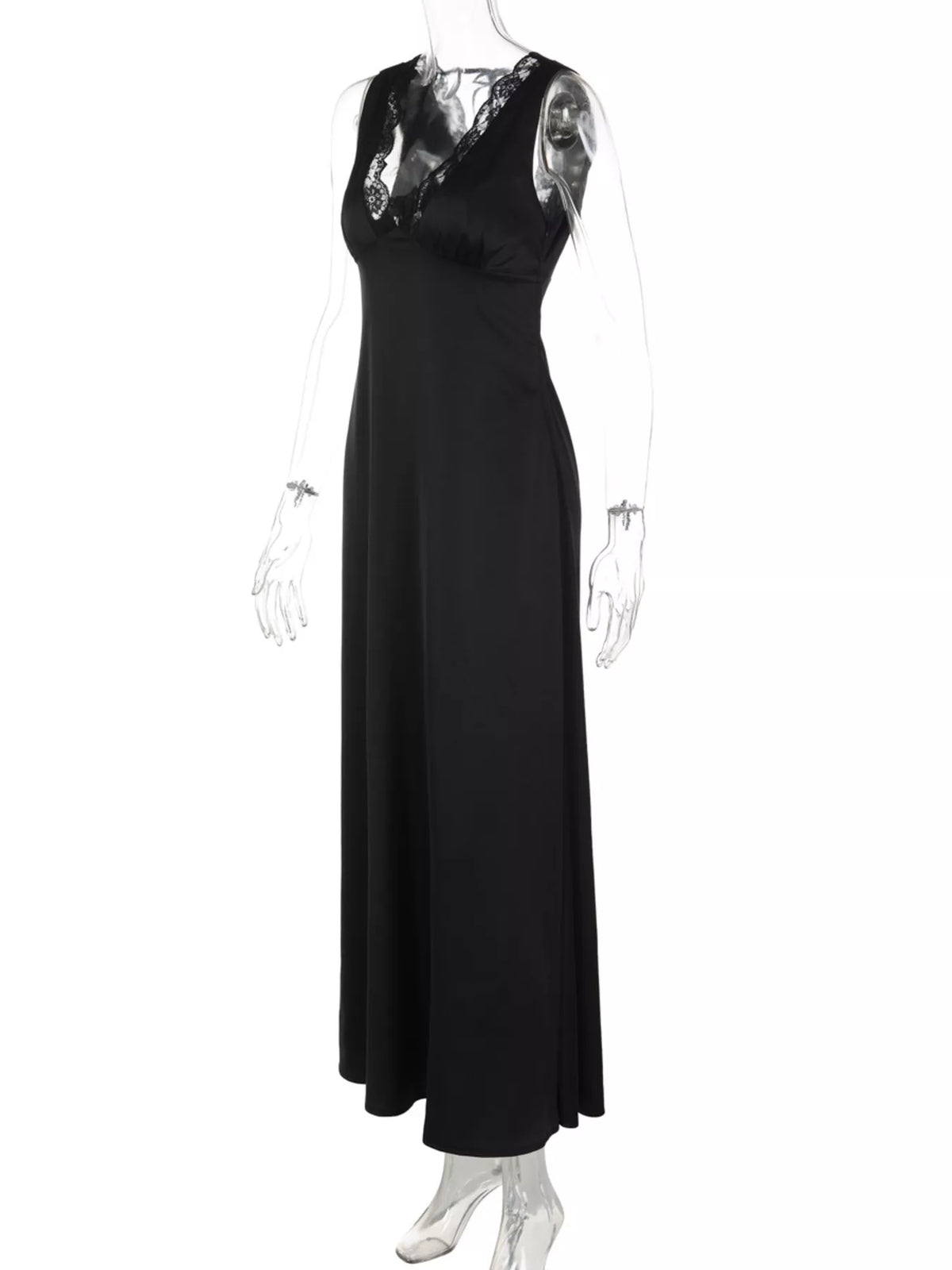 Lace Trim V-Neck Sleeveless Maxi Dress in Black