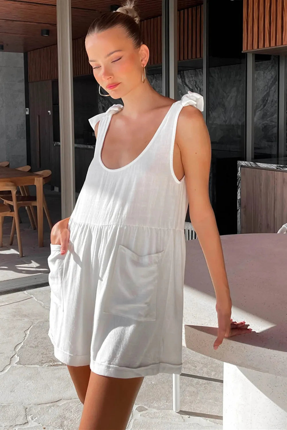 Scoop Neck Tie-Shoulder Romper