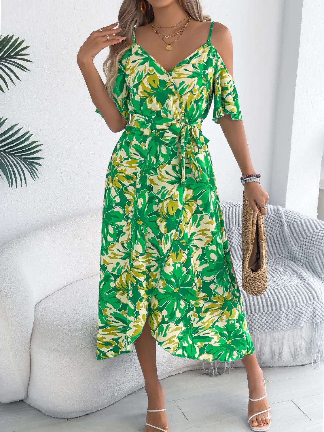 Printed Cold-Shoulder Midi Cami Dress
