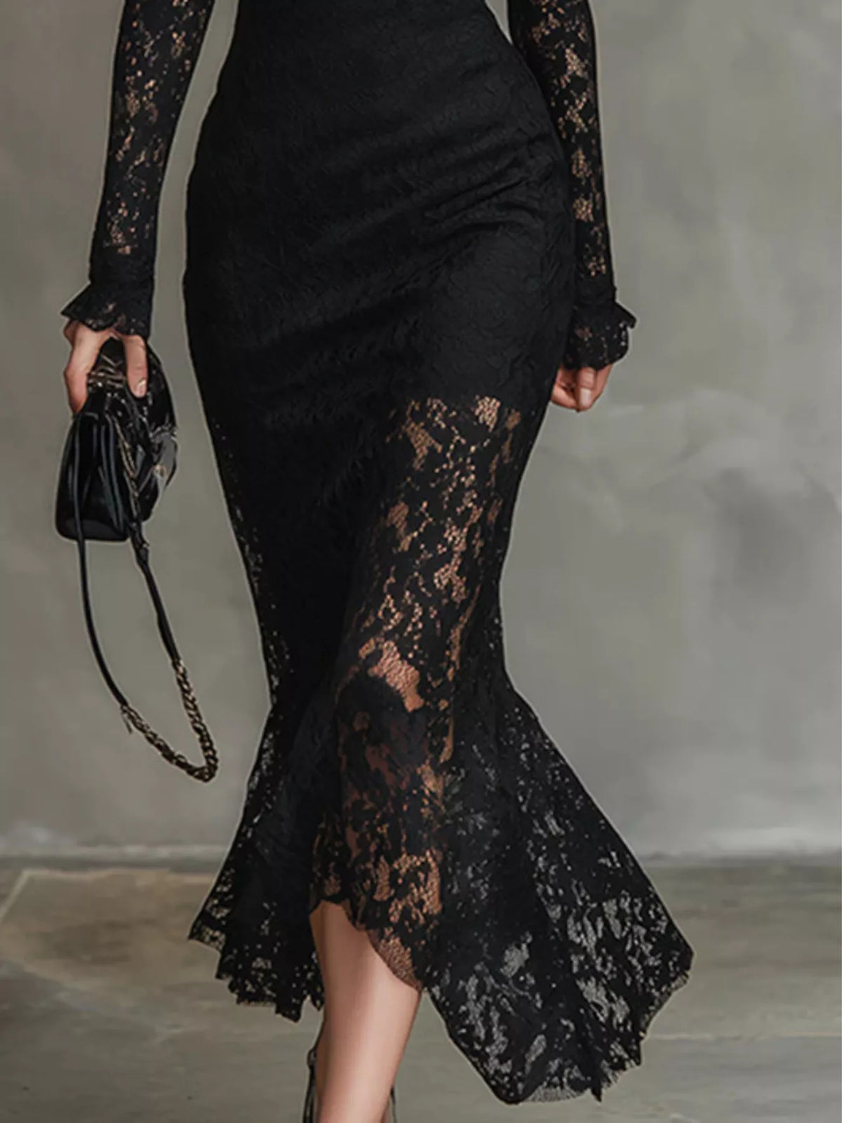 Lace Mock Neck Long Sleeve Mermaid Midi Dress in Black