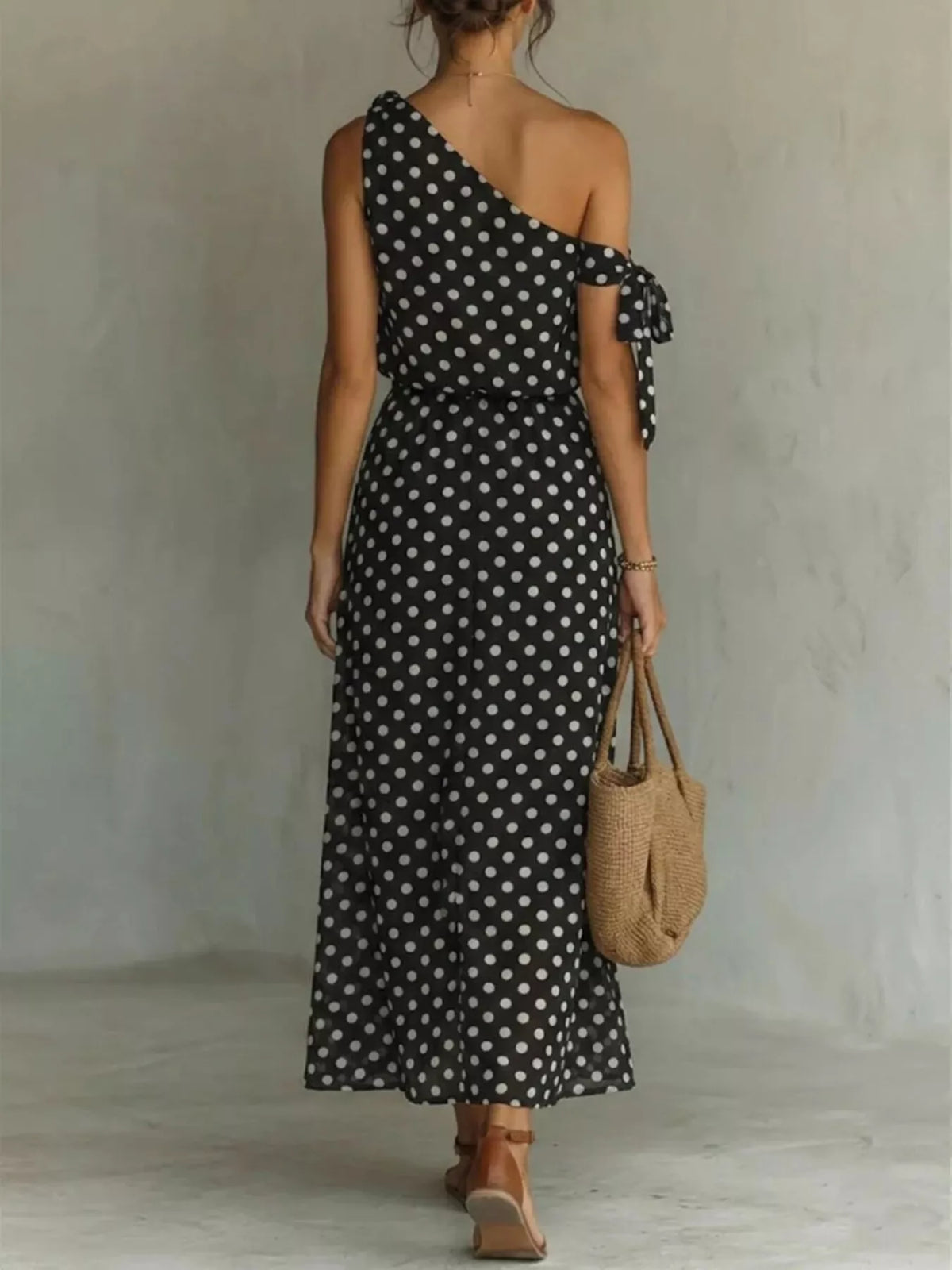 One-Shoulder Polka Dot Maxi Dress