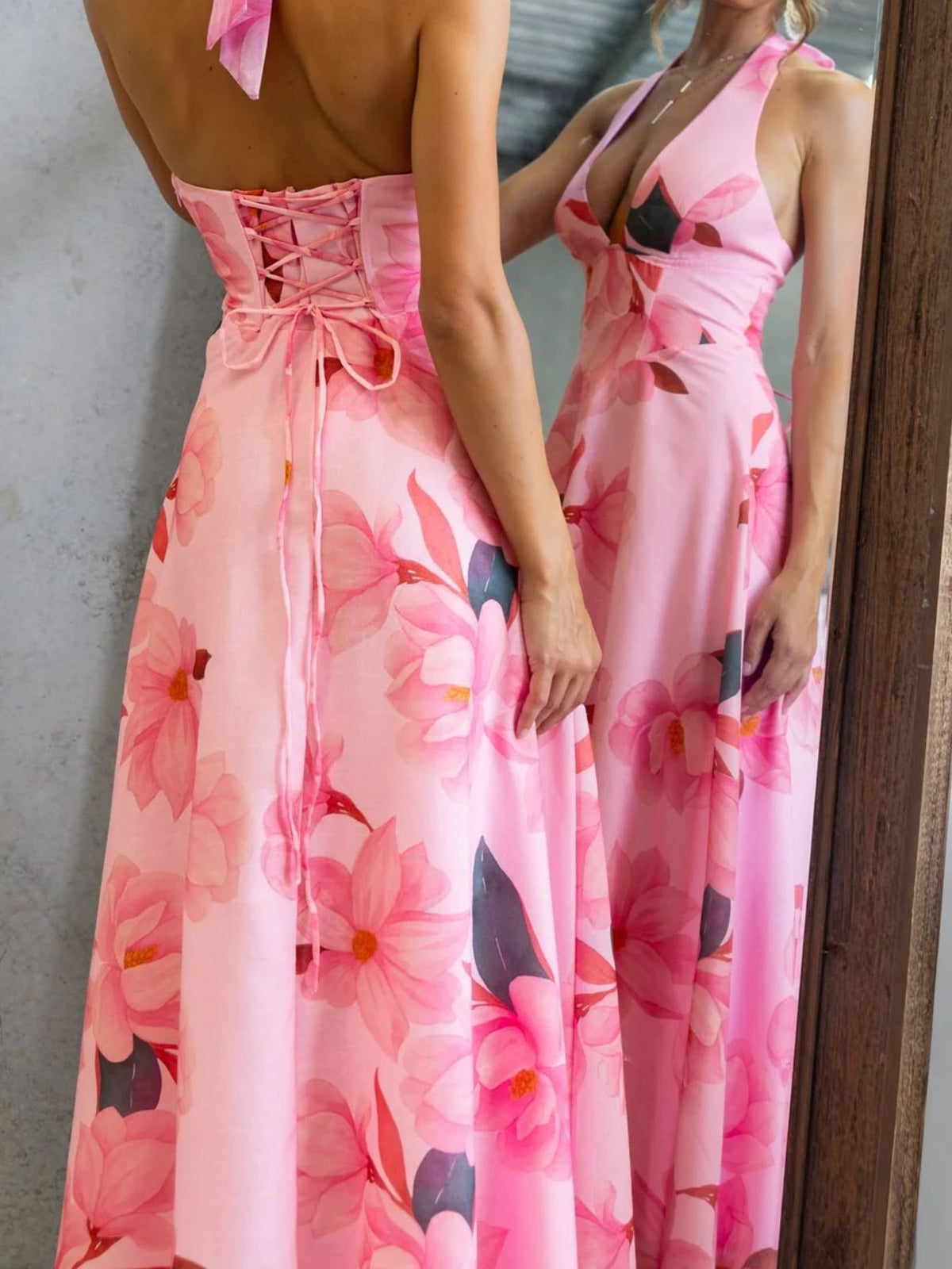 Floral Print Lace-Up Halter Maxi Dress