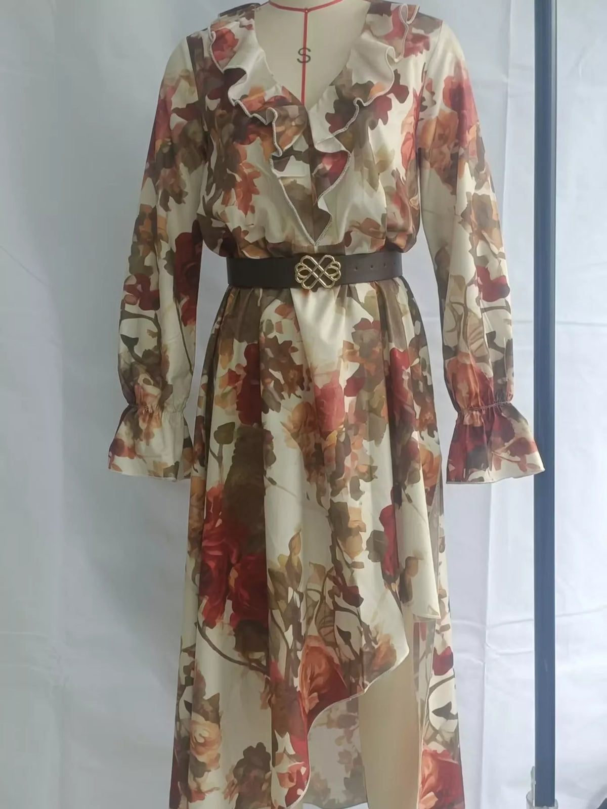 Belted Ruffle-Trim High-Low Maxi Dress in Floral