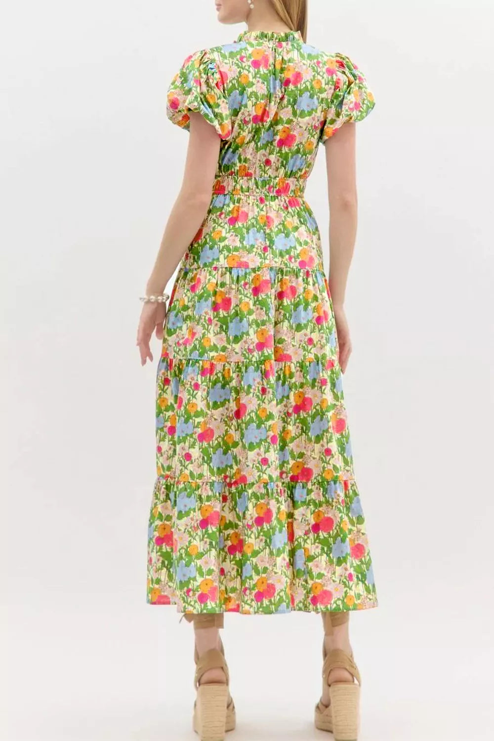 Floral Print V-Neck Puff Sleeve Cotton Maxi Dress in Lime