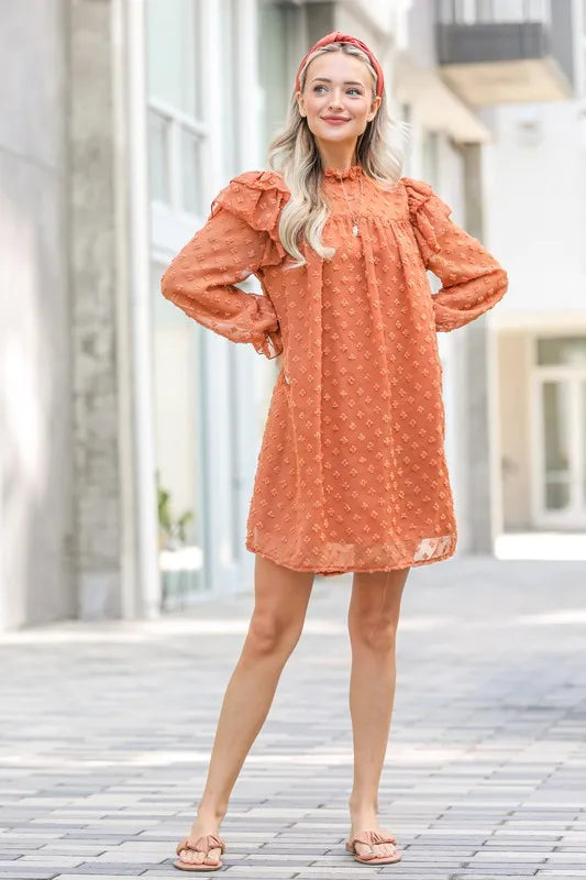 And The Why Ruffle Shoulder Swiss Dot Dress in Camel