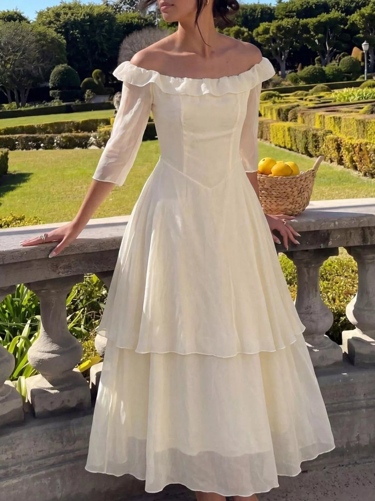 Off-Shoulder Layered Midi Dress in Cream