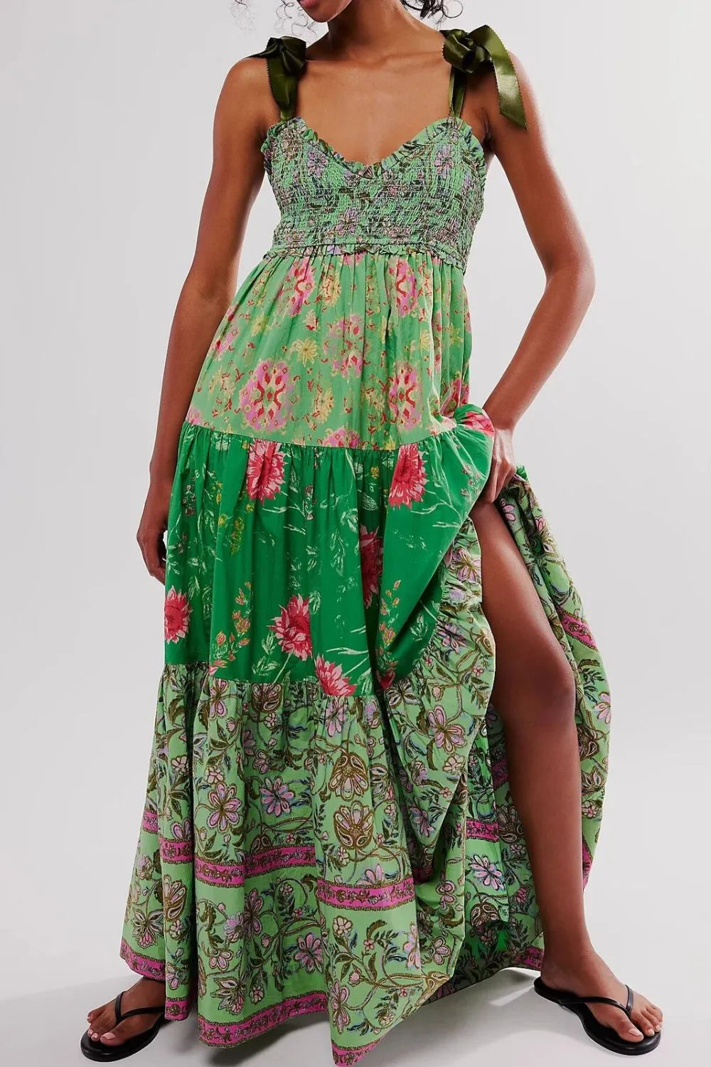 Floral Tiered Maxi Dress with Mixed Print