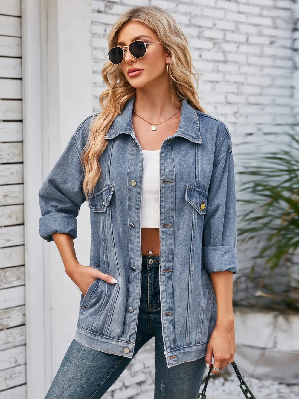 Button-Up Long Sleeve Denim Jacket with Pockets by Manny