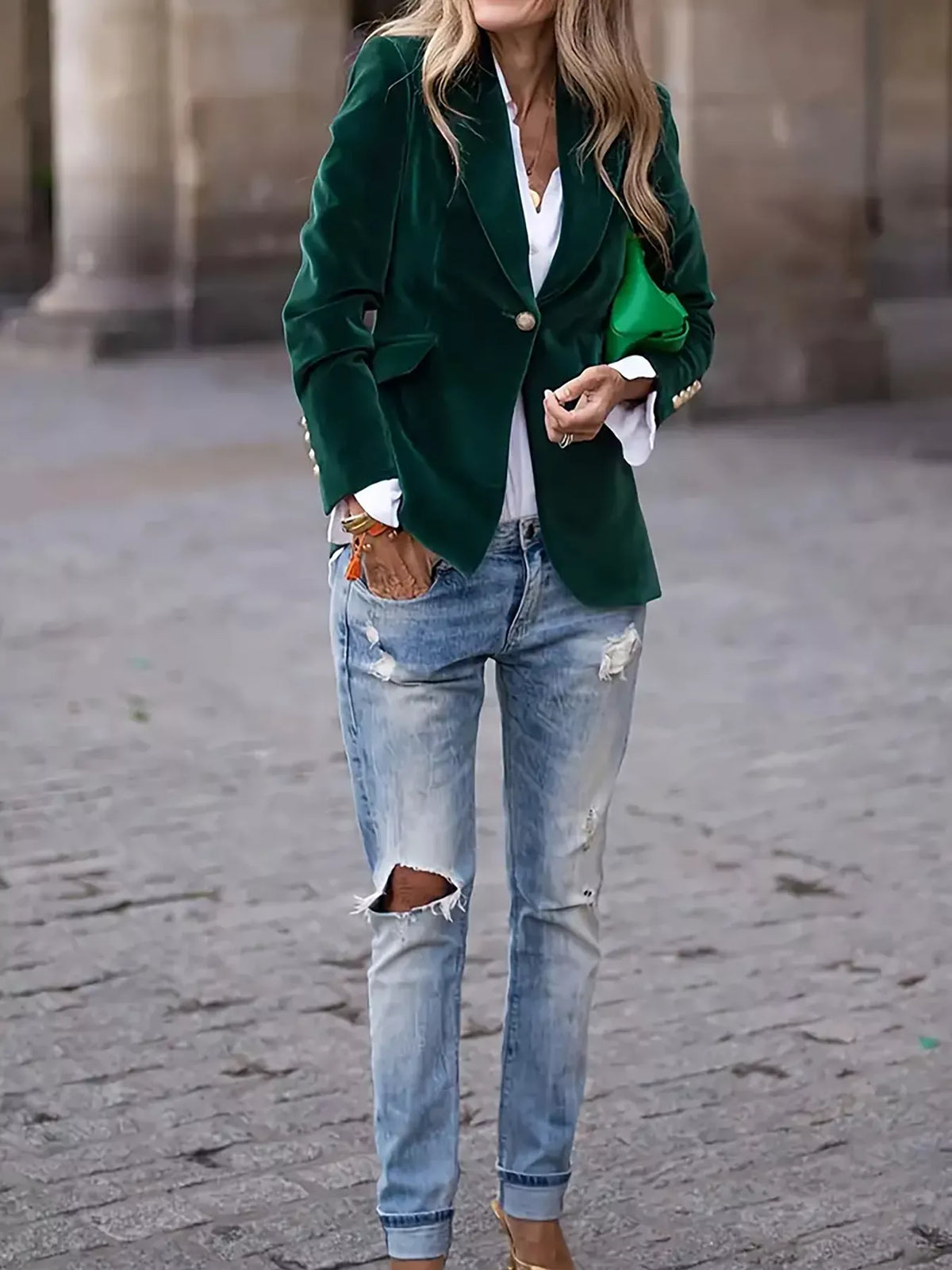 Velvet Single-Button Blazer in Dark Green