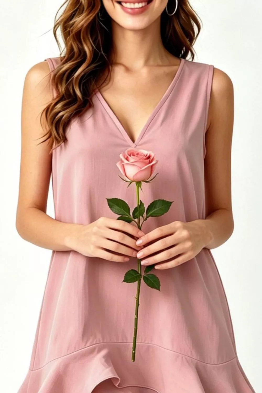 Sleeveless V-Neck Ruffle Hem Mini Dress in Taupe