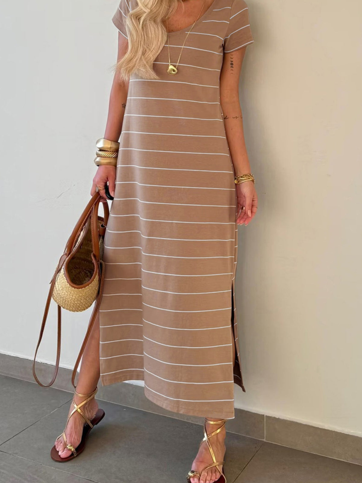 Striped Short-Sleeve T-Shirt Maxi Dress in Mocha