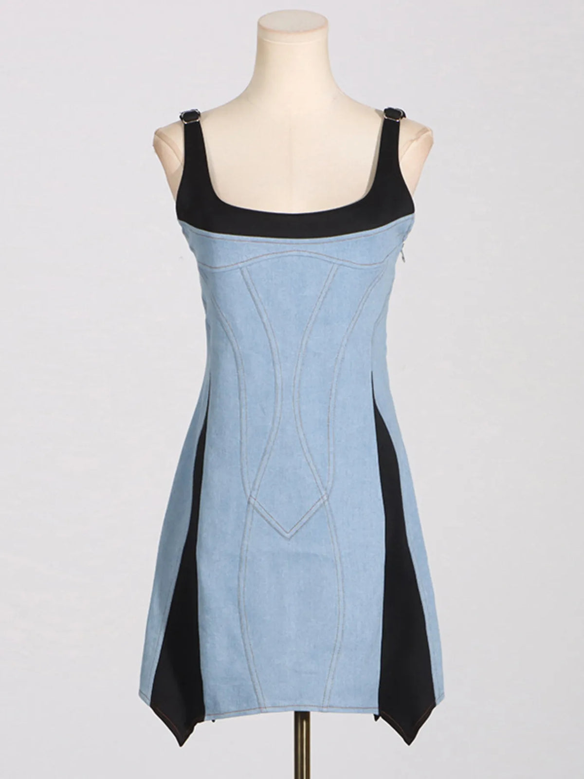 Contrast Adjustable Strap Denim Dress in Blue
