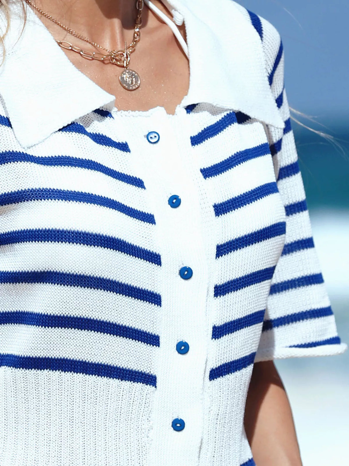 Striped Button-Down Knit Mini Dress in Blue