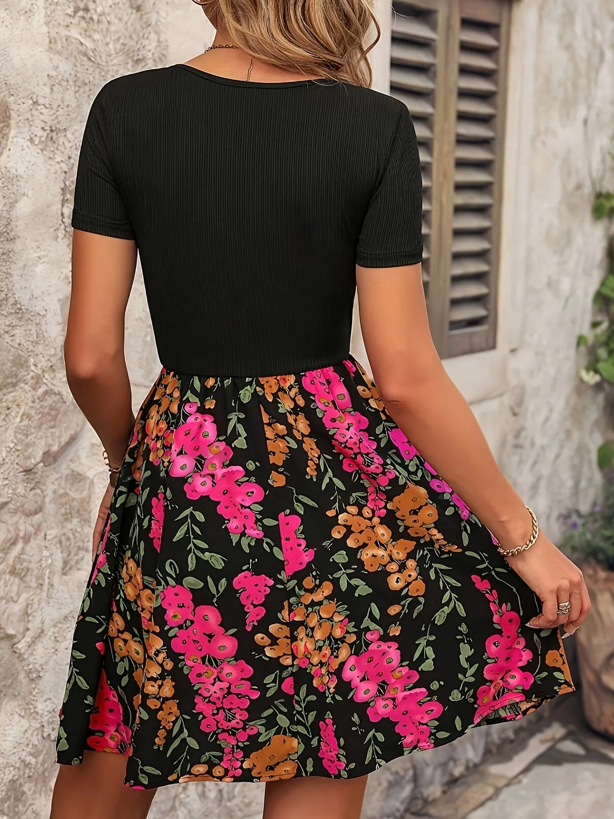 Short Sleeve Floral Mini Dress by Classic Comfort