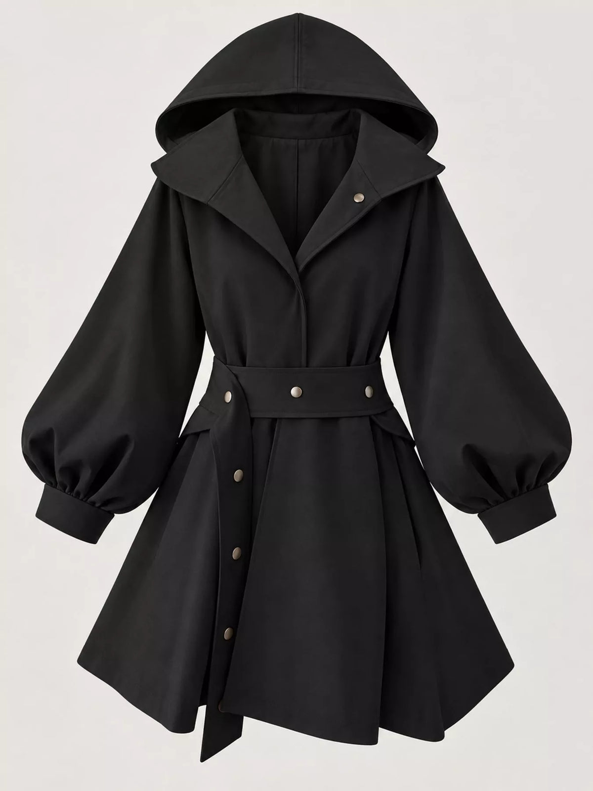 Lantern Sleeve Hooded Jacket with Belted Waist
