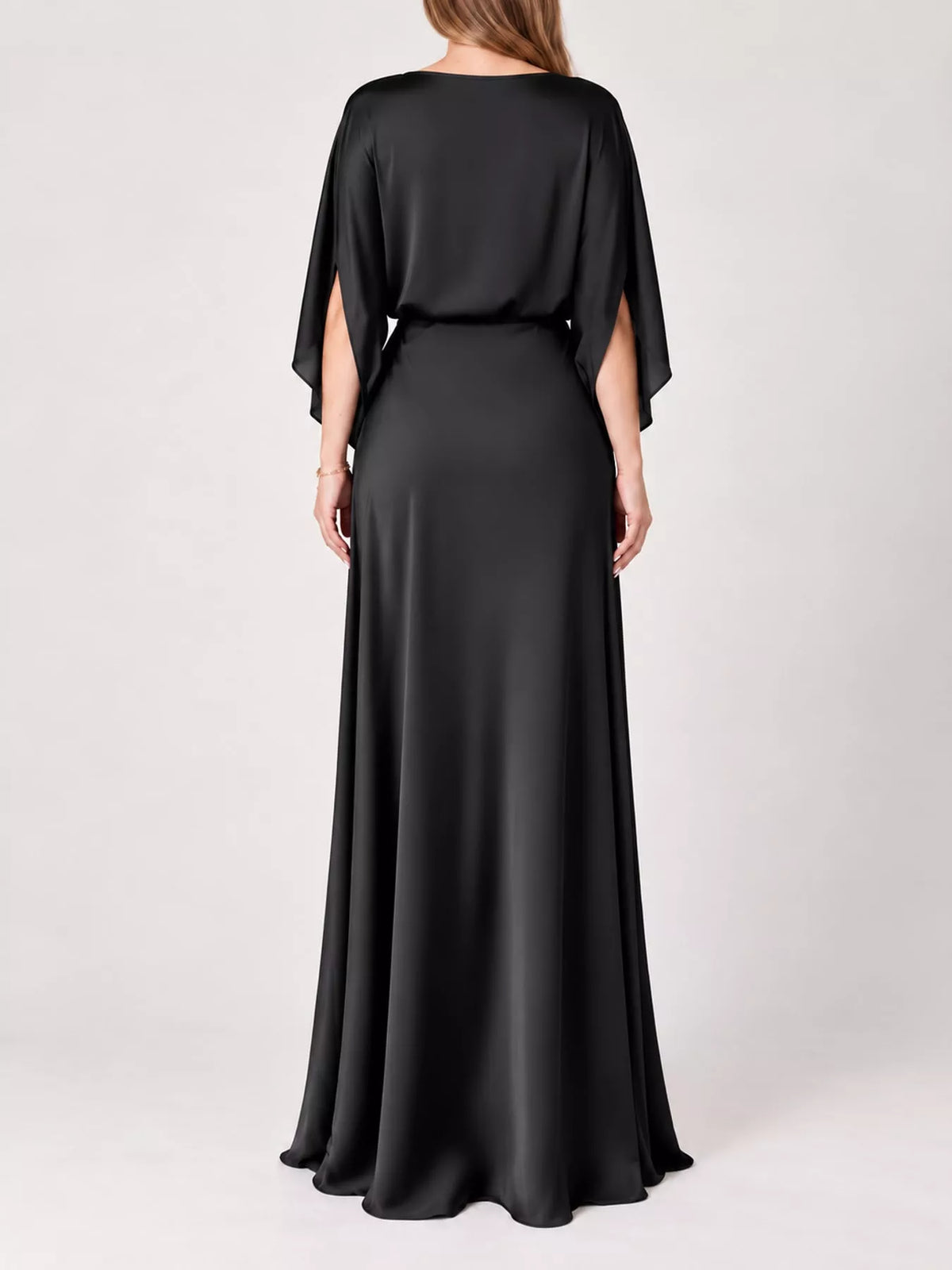 Satin Cape-Sleeve Maxi Dress