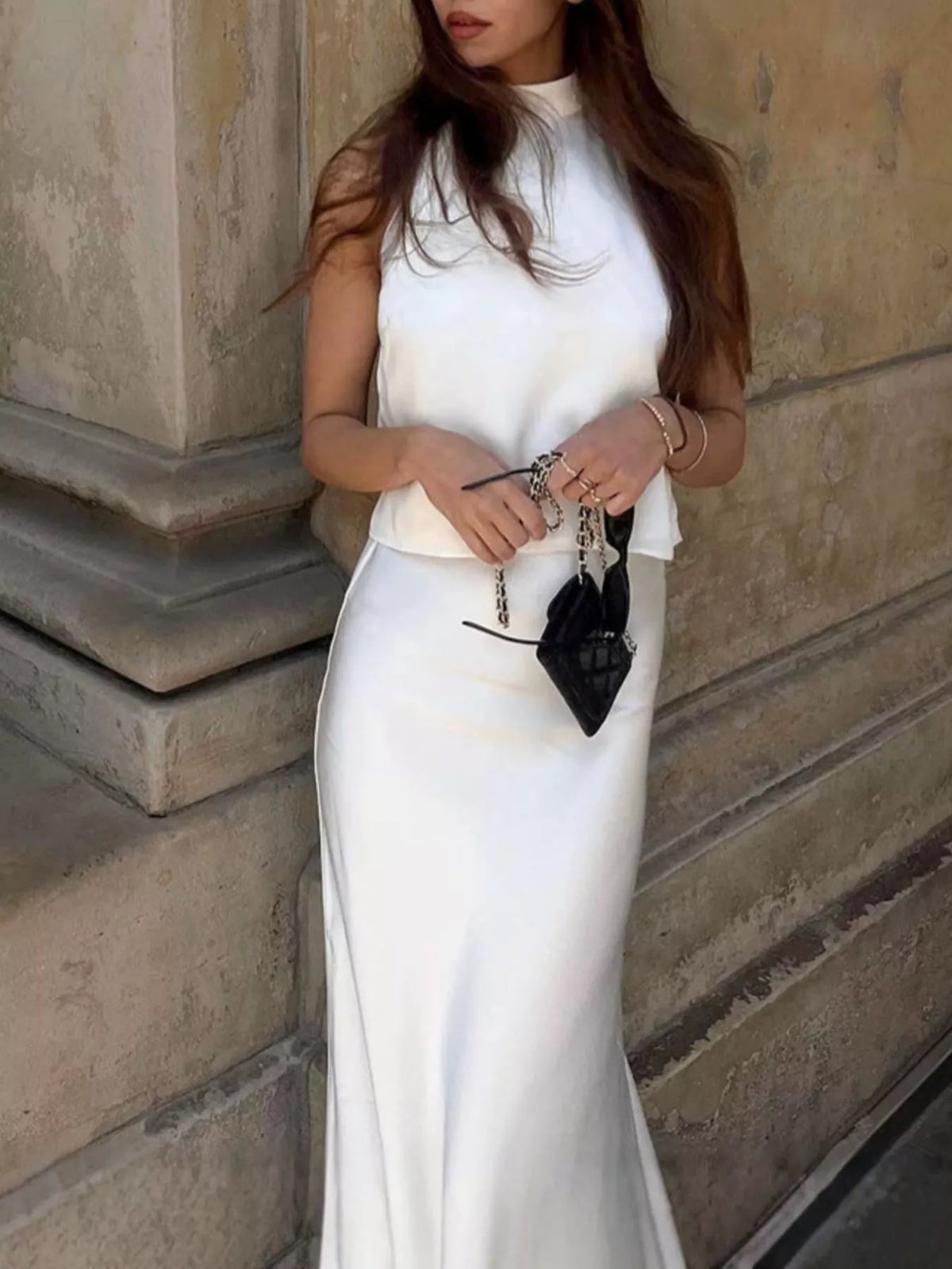 Satin Halter Two-Piece Skirt Set in White