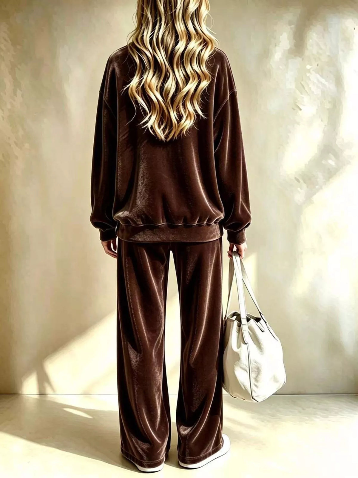 Dropped Shoulder Velvet Top and Wide Leg Pants Set