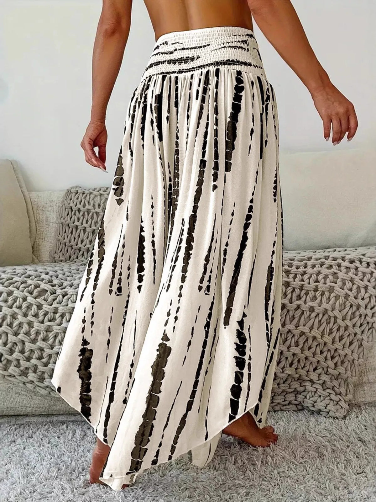 Smocked Asymmetrical Hem Skirt in Beige