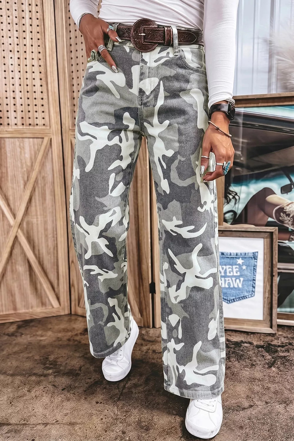 Camo Print Denim Shift Jeans in Sage