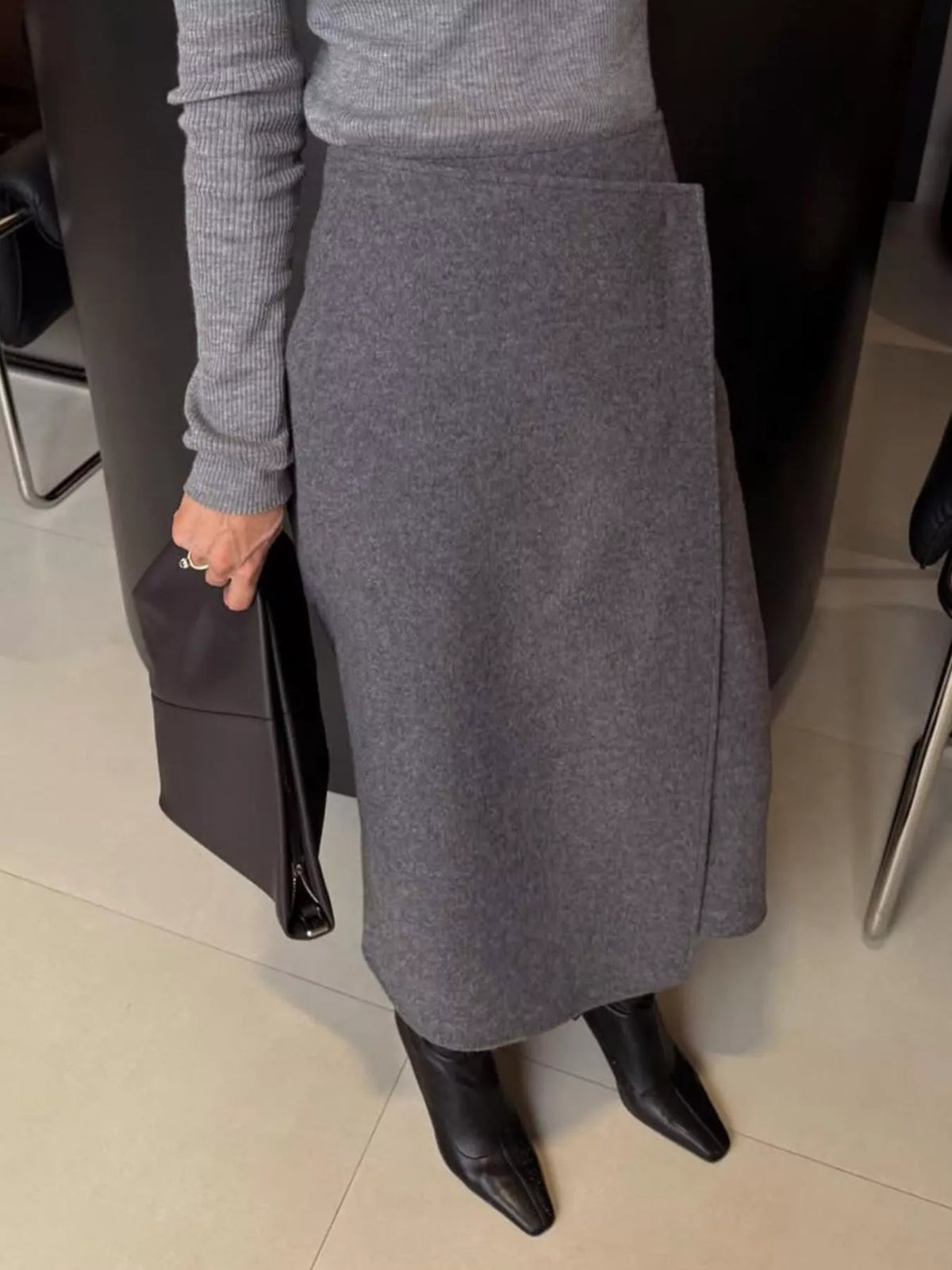 High-Waisted Wrap Midi Skirt in Gray