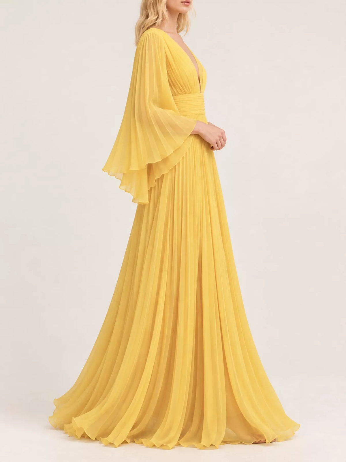 Sheer Pleated V-Neck Maxi Dress