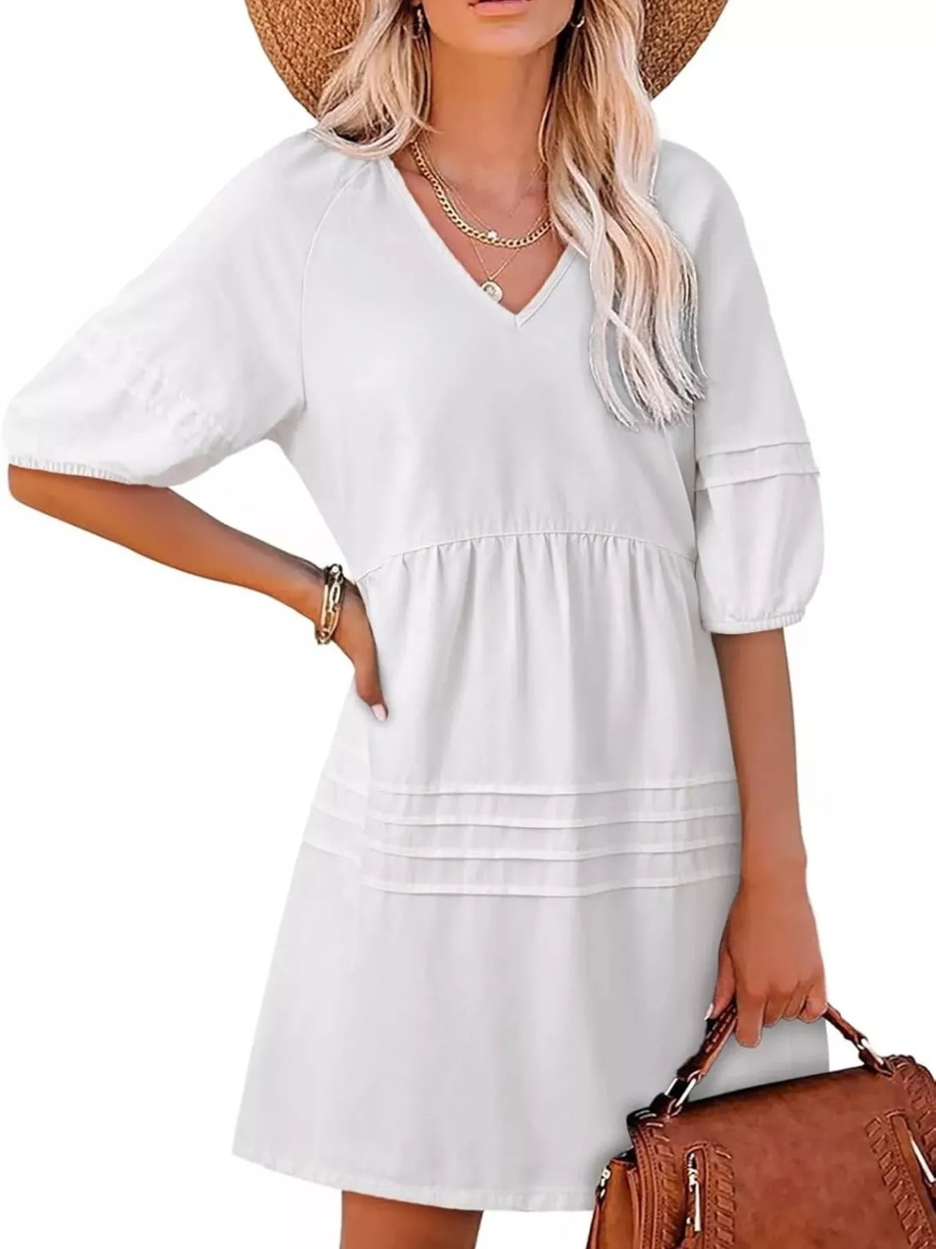 V-Neck Puff Sleeve Denim Mini Dress