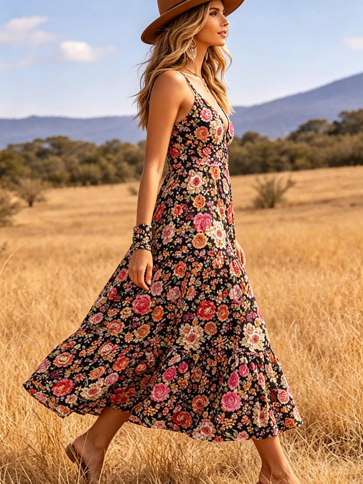 Floral Print V-Neck Tiered Midi Dress