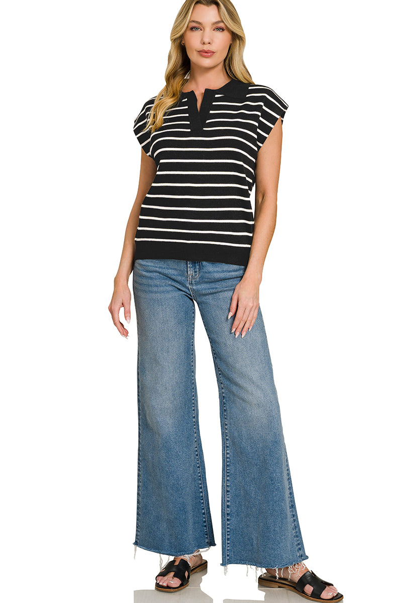 Zenana Striped Collared Sweater Vest in Ivory/Black
