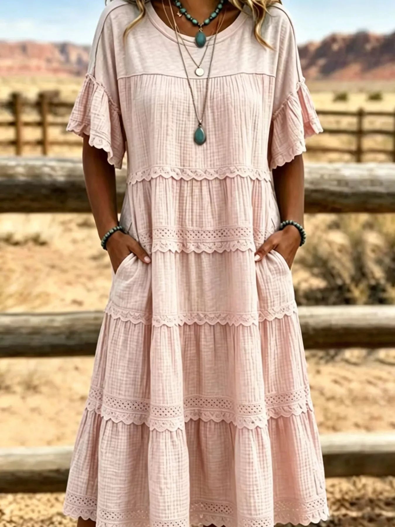 Tiered Ruffle Sleeve Midi Dress with Pockets
