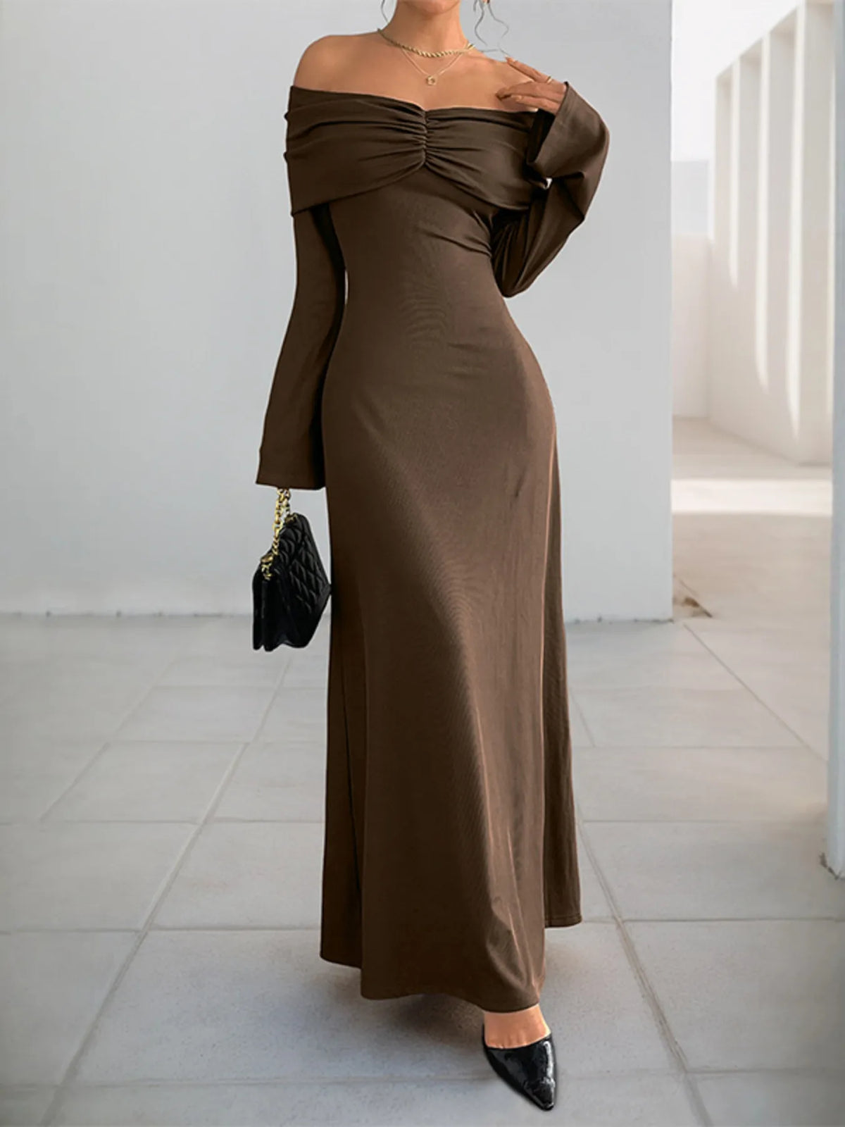 Off-Shoulder Ruched Bodycon Maxi Dress in Coffee Brown