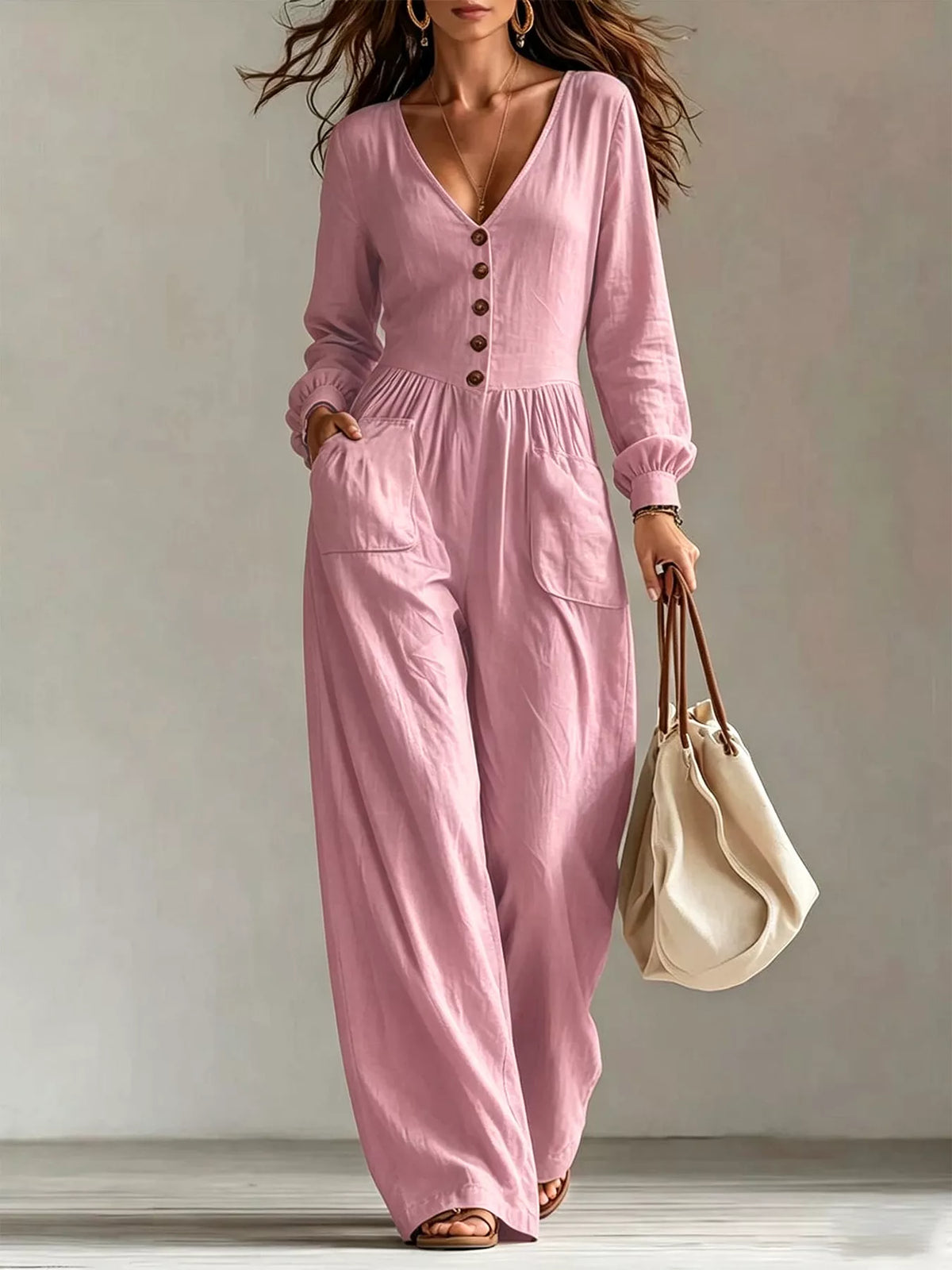 V-Neck Button Front Wide-Leg Jumpsuit