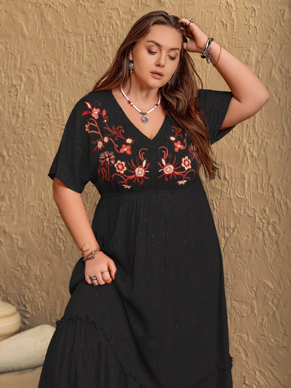 Embroidered V-Neck Maxi Dress in Black
