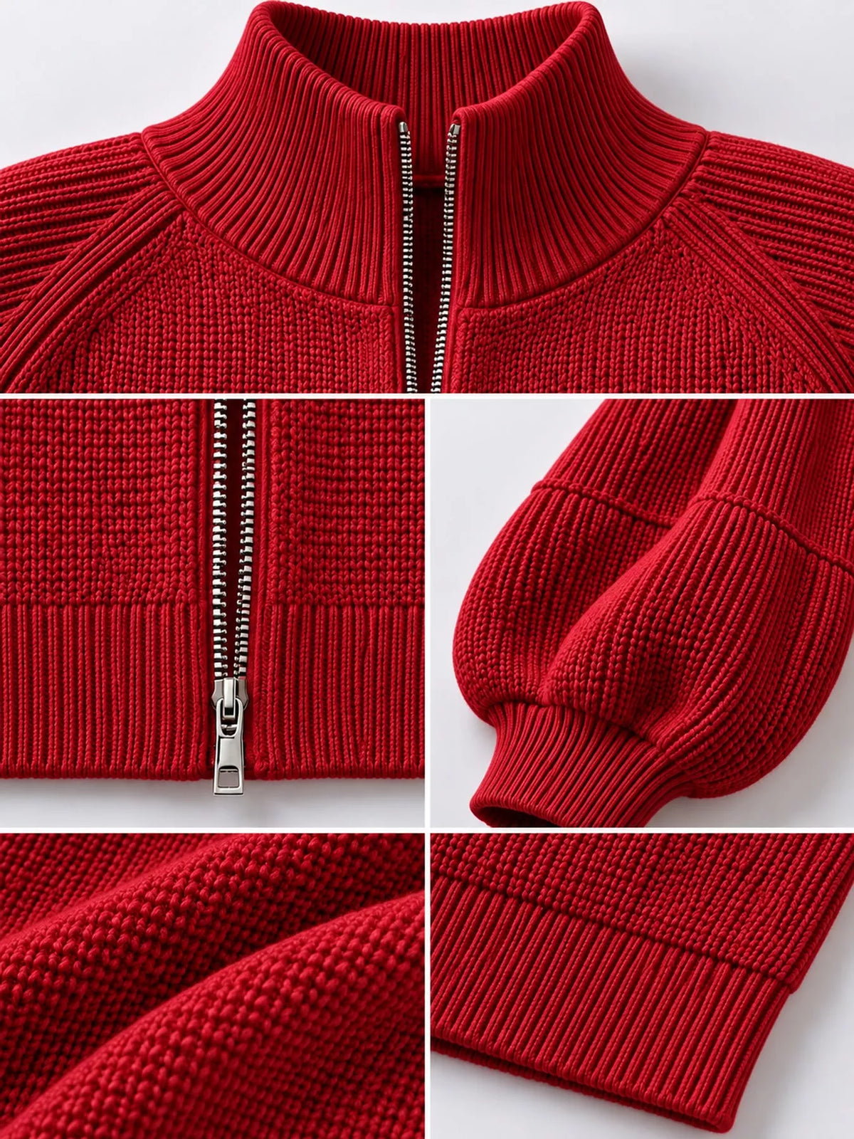 Ribbed Knit Zip-Up Cardigan with Lantern Sleeves