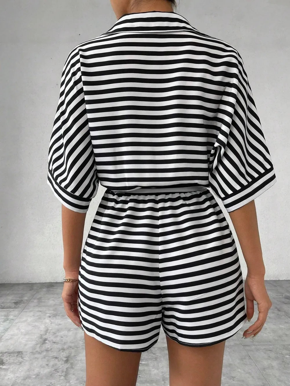 Half-Button Tie Waist Striped Romper