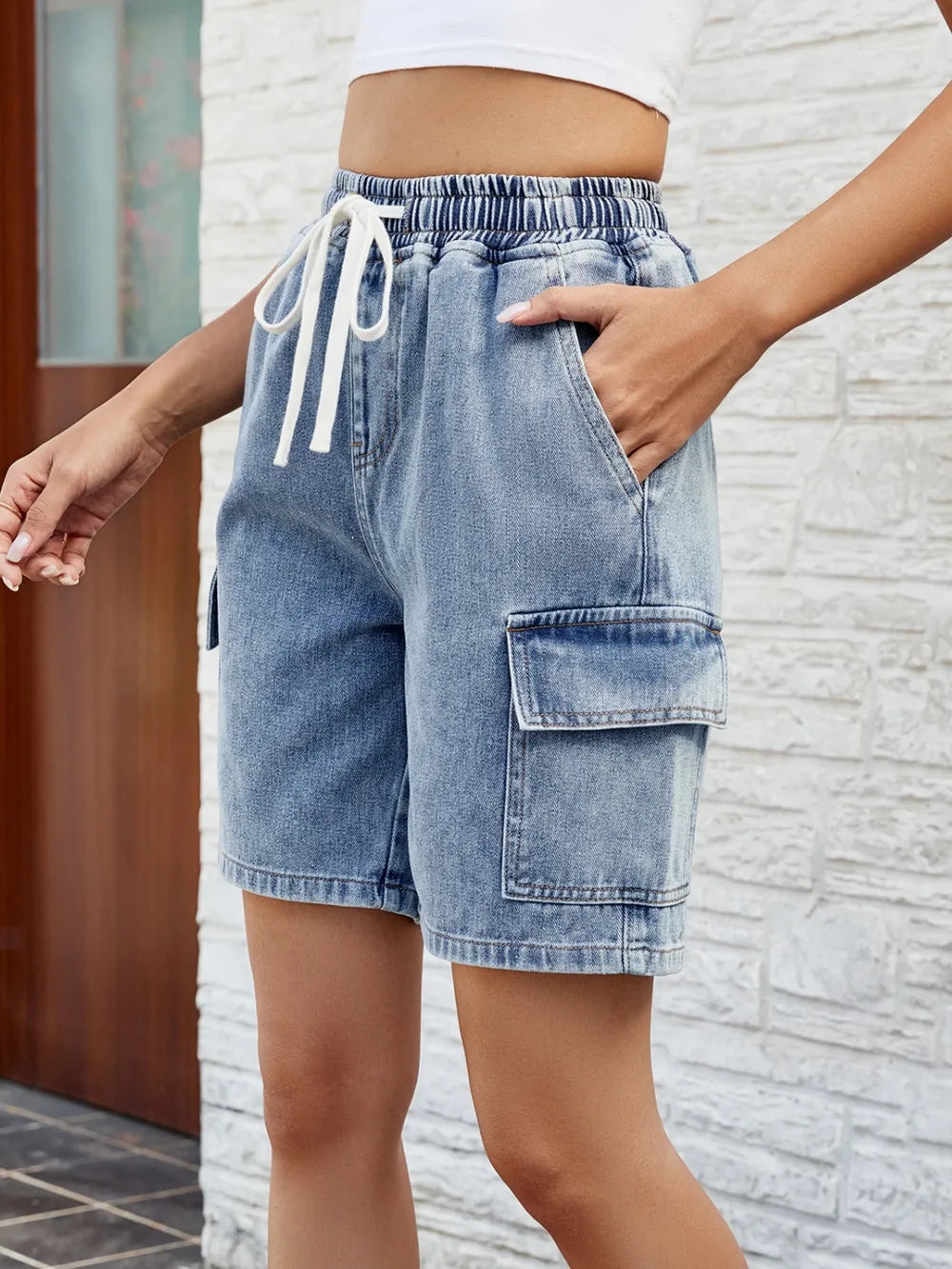 Drawstring Denim Shorts in Dusty Blue by Manny