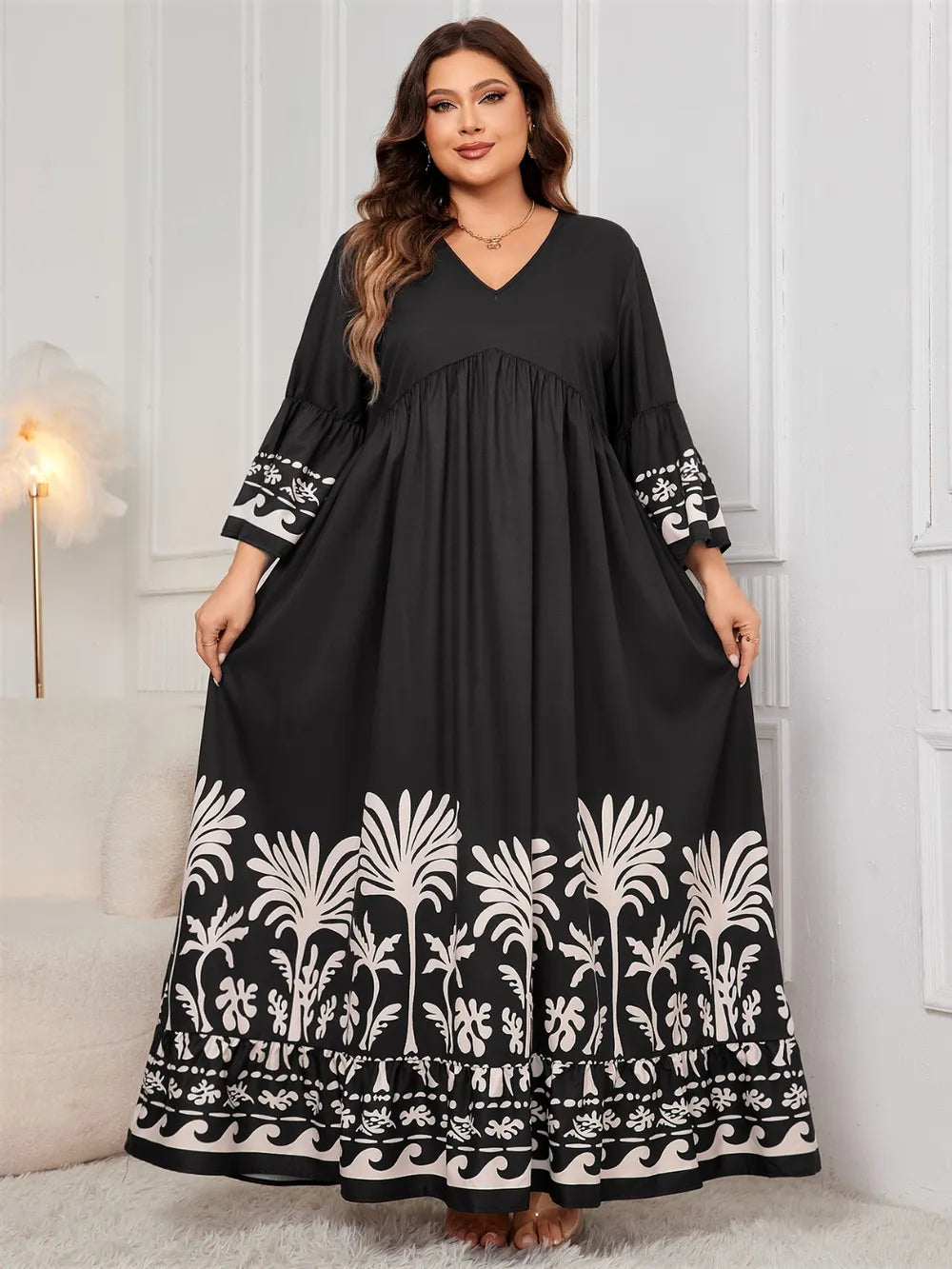 Printed V-Neck Long-Sleeve Maxi Dress in Black, Plus Size