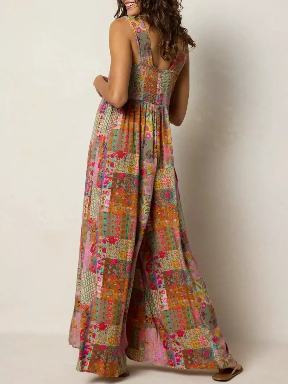 Patchwork Wide Leg Jumpsuit in Orange Red