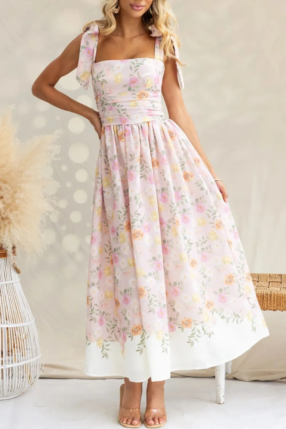 Printed Tie-Shoulder Midi Cami Dress