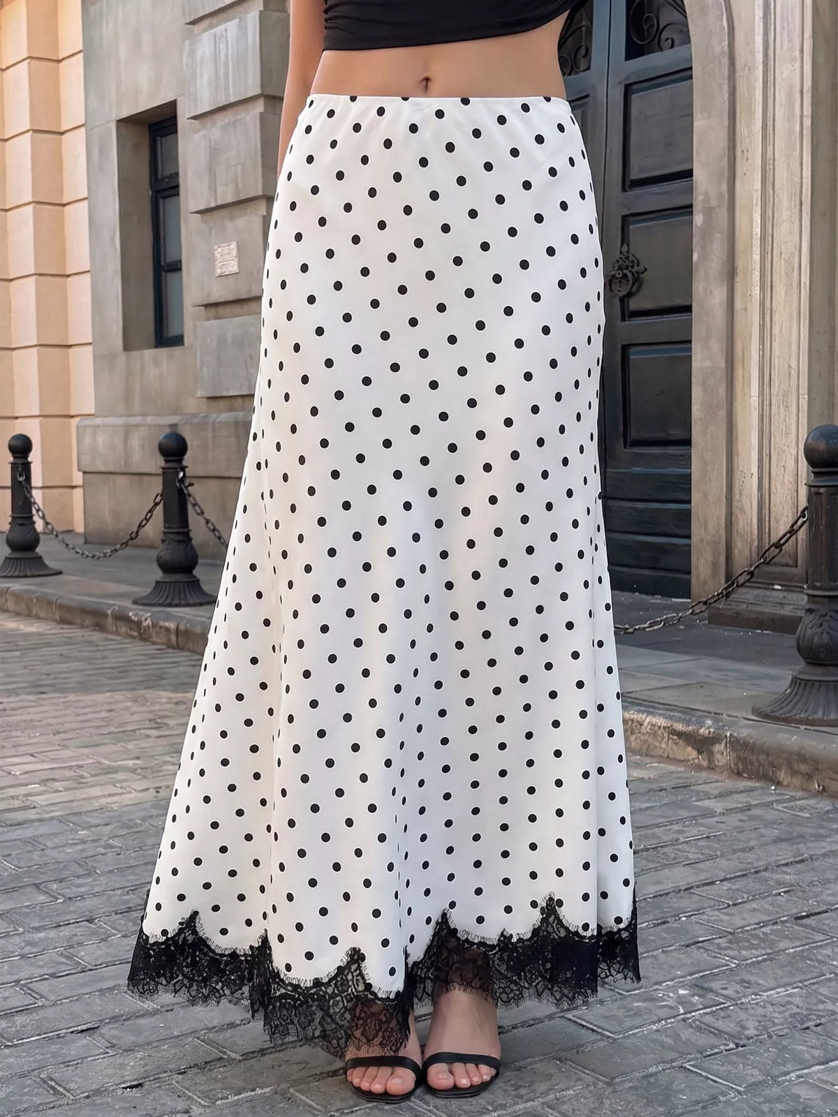 Lace Hem Polka Dot Maxi Skirt in White