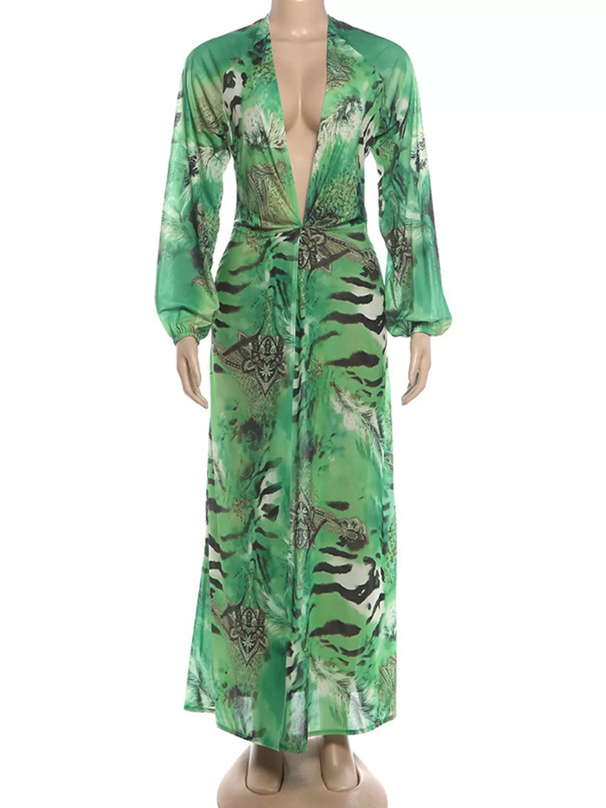 Deep V-Neck Long Sleeve Printed Maxi Dress