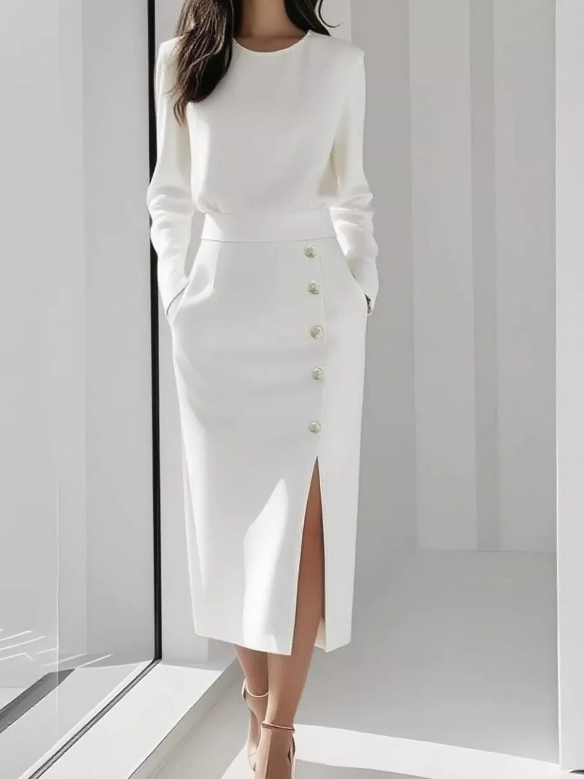 Button Detail Midi Dress with Side Slit