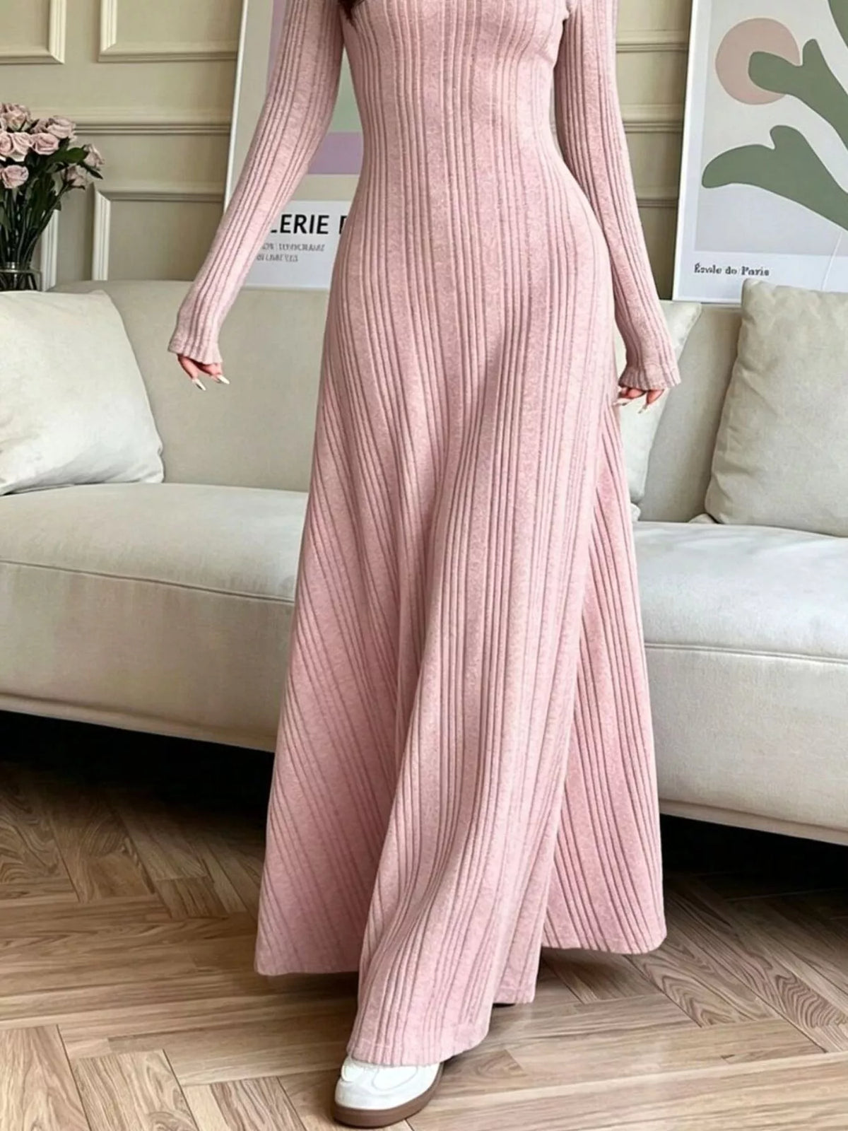 Ribbed Knit Long-Sleeve Dress