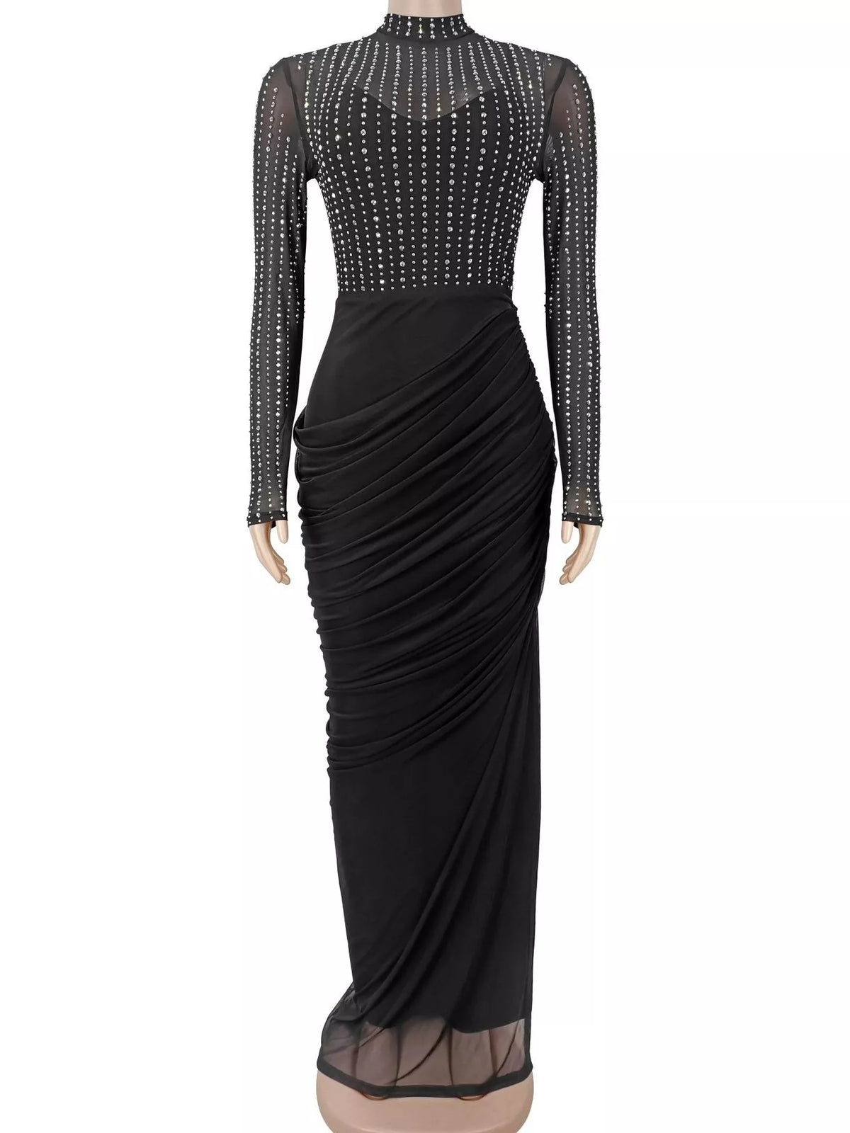 Rhinestone Mock Neck Ruched Maxi Dress