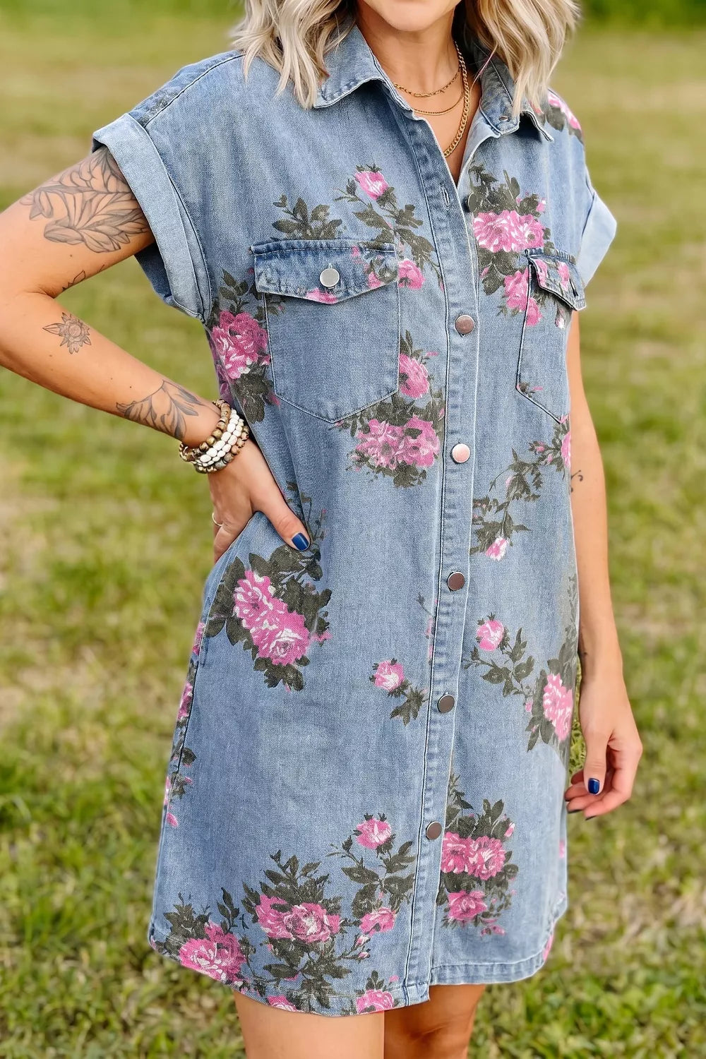 Floral Print Denim Shirt Dress in Medium
