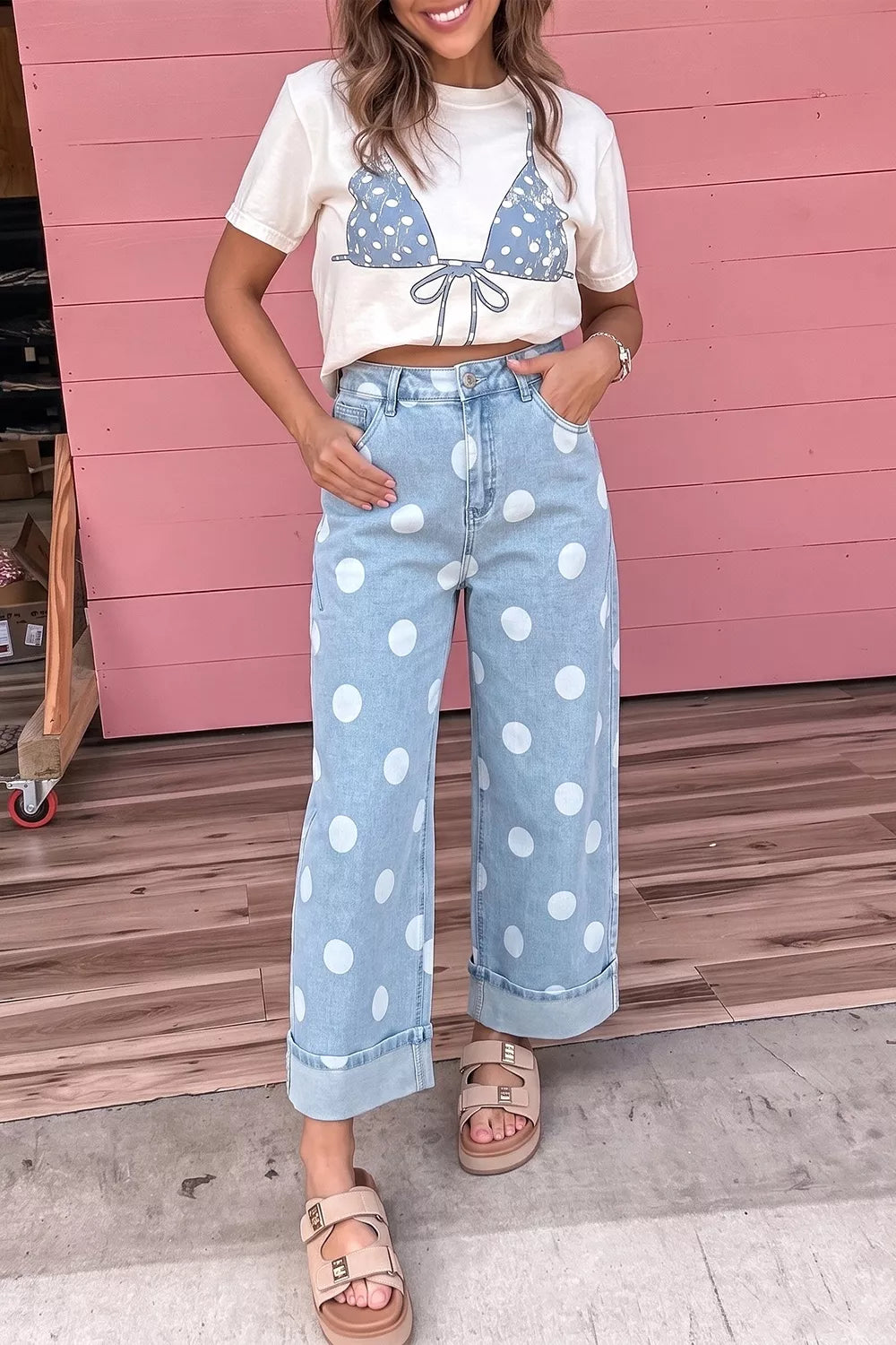 Polka Dot Metal-Button Ankle Jeans in Light Blue