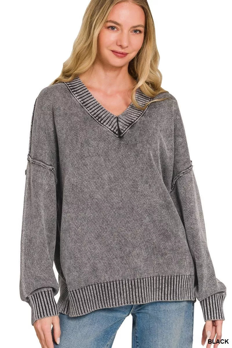 Zenana Washed Deep V-Neck Sweater in Black