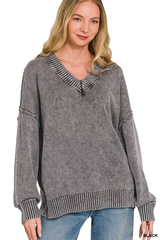 Zenana Washed Deep V-Neck Sweater in Black